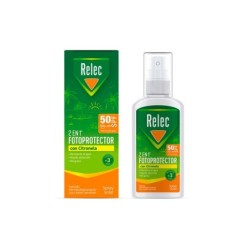 Perrigo Relec Fotoprotector SPF 50 con Citronela - Protección Solar - Spray 100ml - Resistente Al Agua - Apto para Pieles Sensibles
