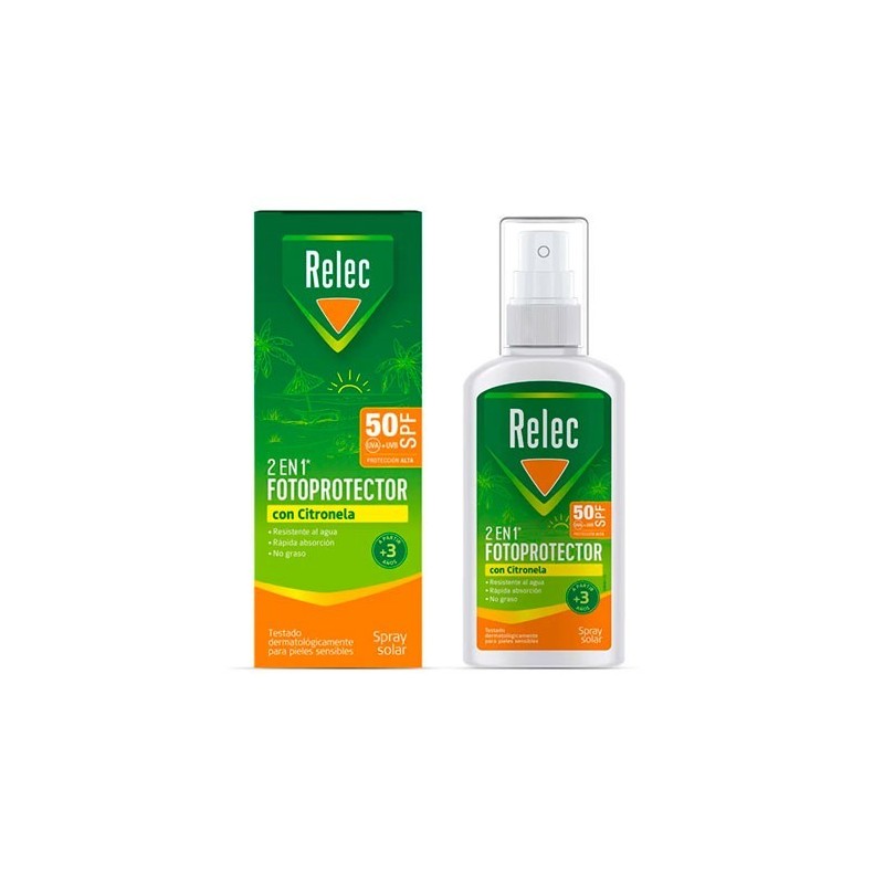Perrigo Relec Fotoprotector SPF 50 con Citronela - Protección Solar - Spray 100ml - Resistente Al Agua - Apto para Pieles Sensibles