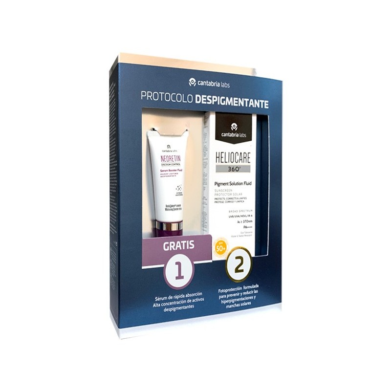 Cantabria Labs - Protección Solar Completa - HELIOCARE 360º PIGMENT SOLUTION FLUID 50 ML + NEORETIN DISCROM CONTROL SERUM 15 ML - Tratamiento Despigmentante - Manchas y Defectos