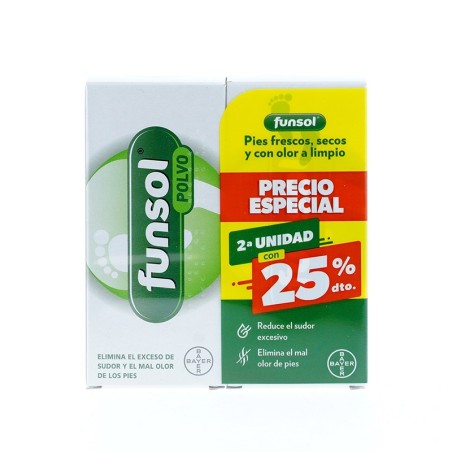 Bayer FUNSOL POLVO DUPLO 2X60G 2ª UND 25% - Desodorante de Pies para Combatir el Exceso de Sudor y Mal Olor