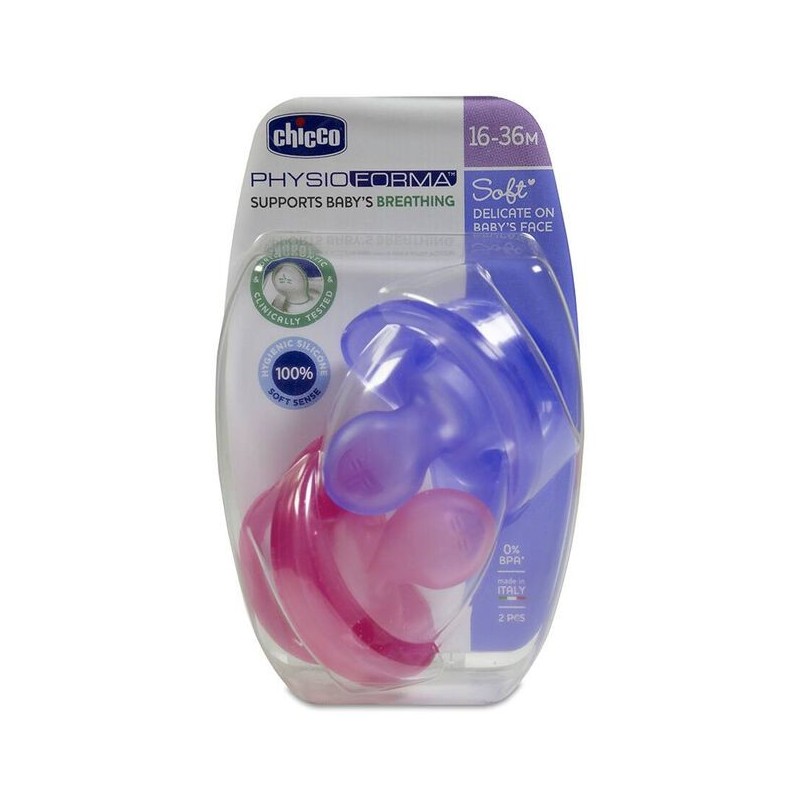 CHICCO CHUPETE SILICONA PHYSIO SOFT 16-36 MESES 2 UNID ROSA-MORADO