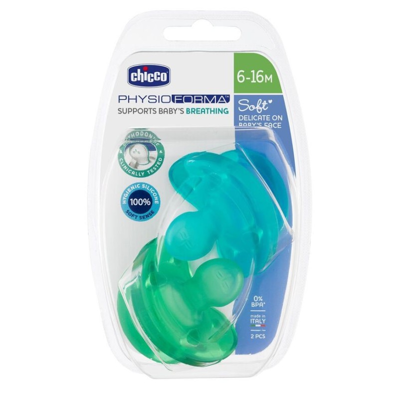 CHICCO CHUPETE SILICONA PHYSIO SOFT 6 - 16 MESES 2 UNID AZUL/VERDE