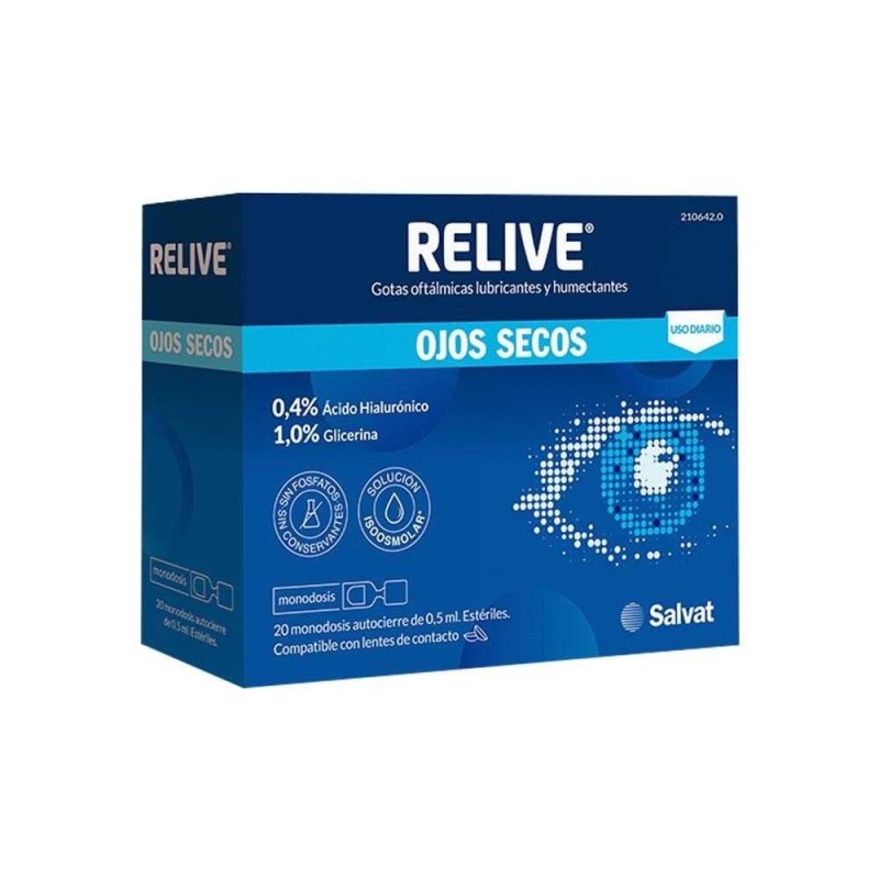 Salvat Relive Ojos Secos 20 Monodosis - Hidratación Ocular Diaria - Compatible con Lentes - 0.4% Ácido Hialurónico - 1% Glicerina