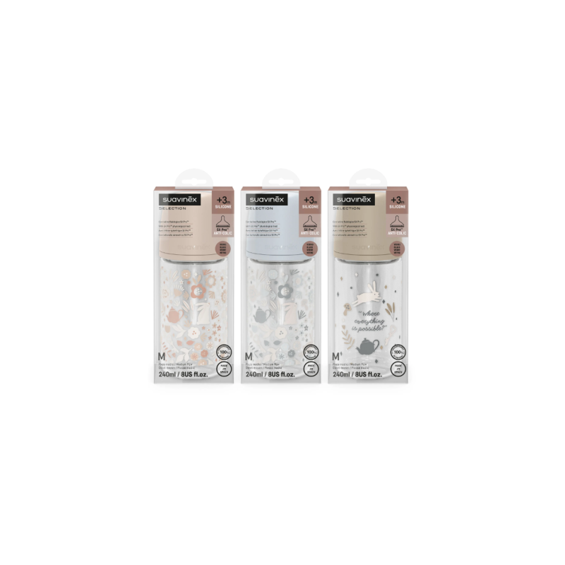 SUAVINEX BIBERON VIDRIO TETINA FISIOLOGICA SILICONA SX PRO SELECTION + 3 MESES 240 ML