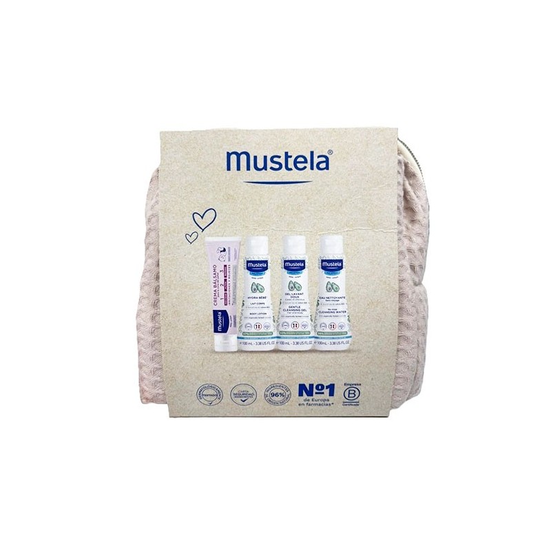 MUSTELA NECESER BEIGE 2025 (CREMA 50 ML+HYDRA BEBE LECHE 100 ML+GEL BAÑO 100 ML+AGUA LIMP 100 ML)