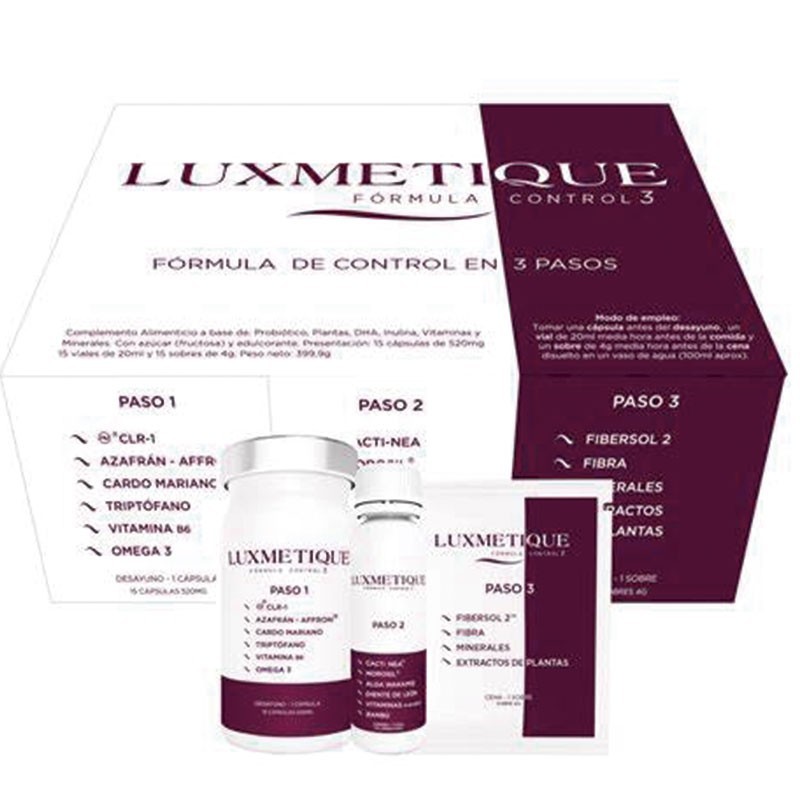 Luxmetique Fórmula Control 3 - Eliminación de Líquidos y Grasa - Control del Apetito - Mejora del Metabolismo - Reducción de Cansancio y Fatiga