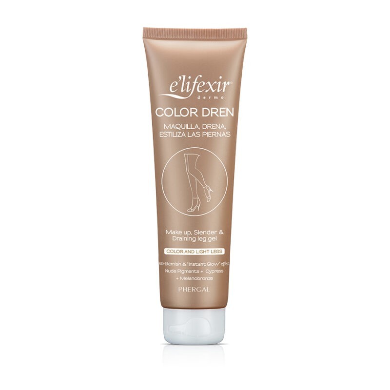 Phergal E´LIFEXIR COLOR DREN GEL MAQUILLAJE DRENANATE Y RELAJANTE 150 ML - Unifica Tono de Piernas - Drena y Estiliza - Prepara Bronceado - No Mancha - Rápida Absorción